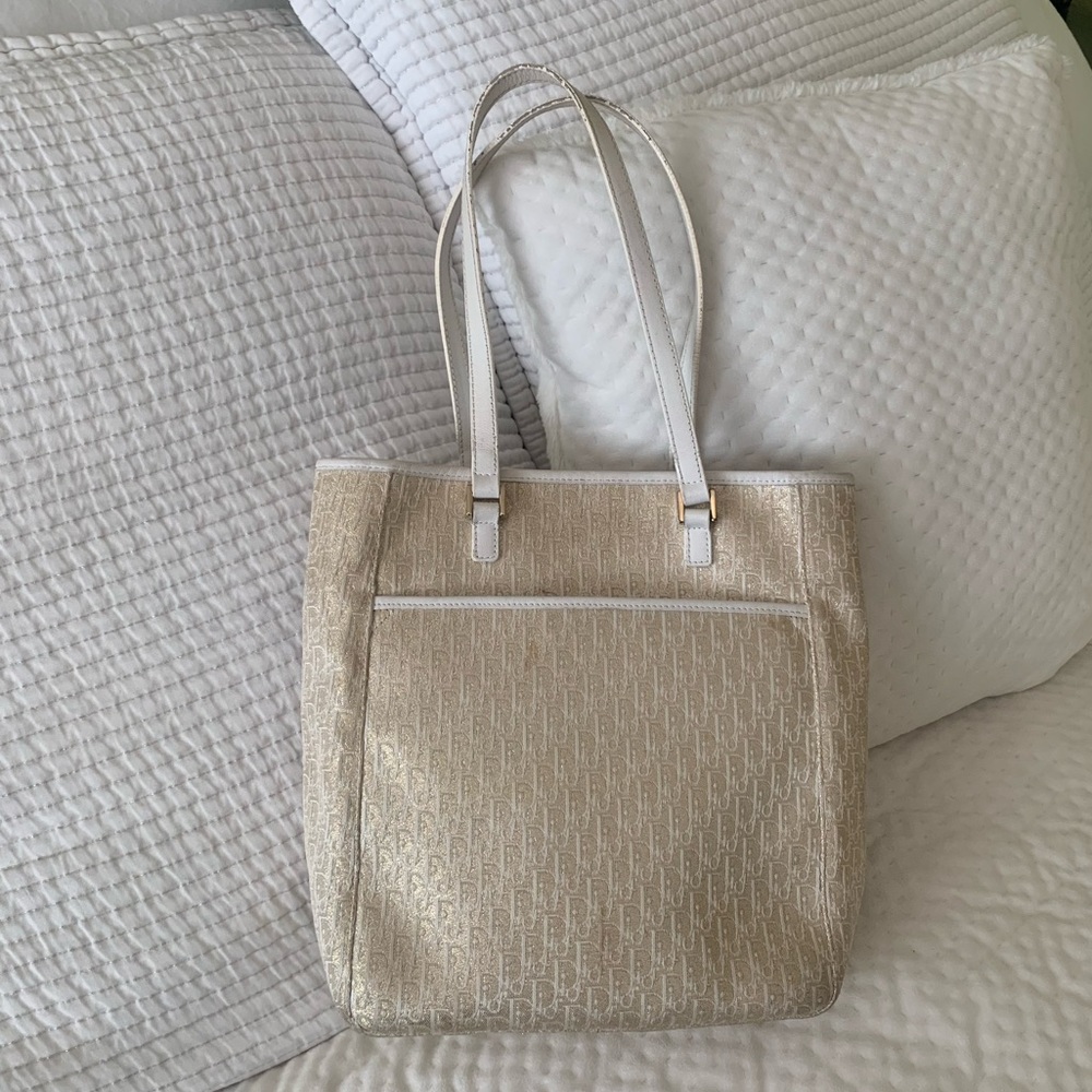 Christian Dior Trotter Canvas Tote Bag in white and gold